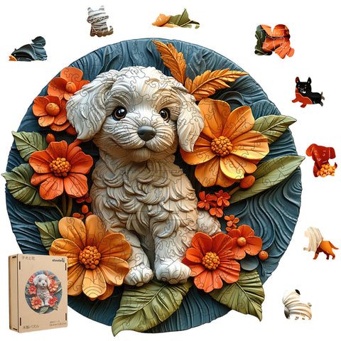 キュニスレ(Qiuenisray) ジグソーパズル 200ピース 木製パズル 子犬と花 (28.2×28.4cm) 3mm厚 異形ピース 大人向け 折れにくい レーザーカット インテリア クリスマス ギフト 暇つぶし 家庭 脳トレ デザイナー監修