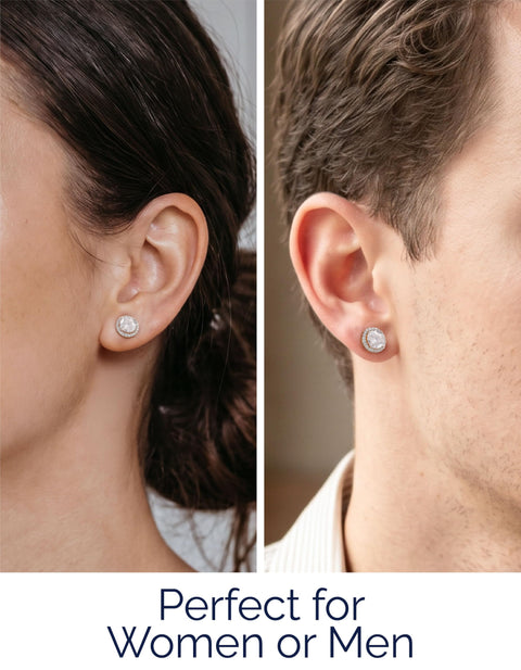 MomentWish Moissanite Earrings, 1-2 Carat, Halo Earrings, Ladies, Allergy Friendly Earrings, Diamonds, Accessories, D Color, VVS1, Present, Women, 5/6.5mm, Sterling Silver, Zircon
