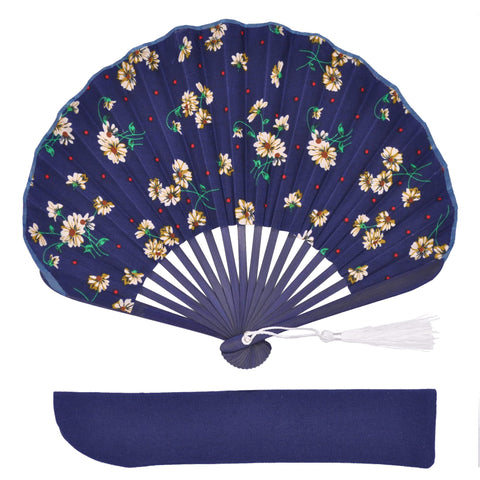 [惠千堂] 花朵图案 扇子 贝壳型 女士 100%纯棉 布制 防中暑 竹骨 和服 适合浴衣穿着