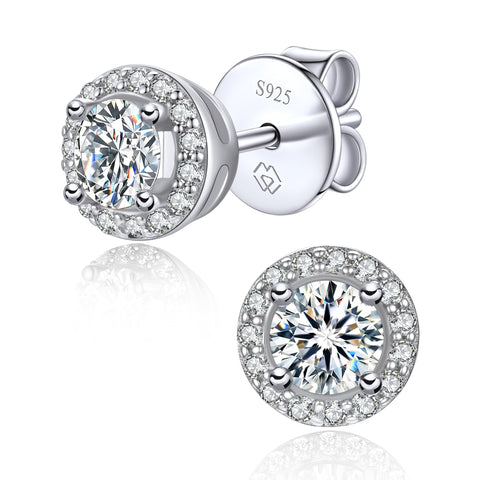 MomentWish Moissanite Earrings, 1-2 Carat, Halo Earrings, Ladies, Allergy Friendly Earrings, Diamonds, Accessories, D Color, VVS1, Present, Women, 5/6.5mm, Sterling Silver, Zircon