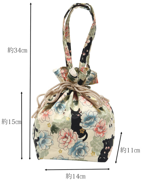 Hasegawa Cat Pattern with Handle, Drawstring Bag, Made in Japan
