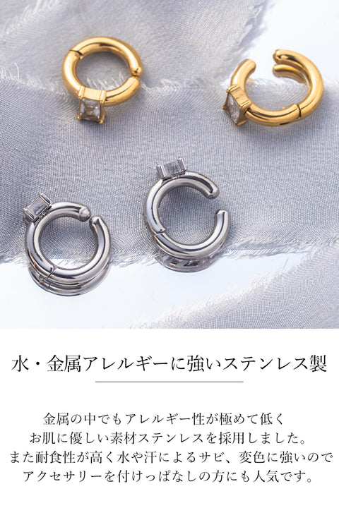 【Puente】耳夹 女士 耳环 无孔耳环 环形耳环 不锈钢 人造耳环 钻石 银色 金色