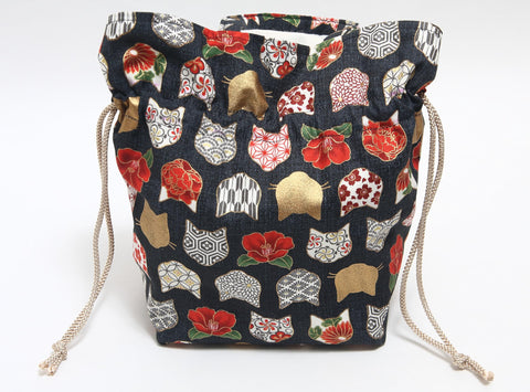Hasegawa Cat Pattern with Handle, Drawstring Bag, Made in Japan