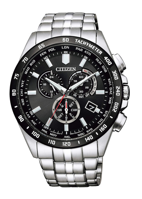 西铁城 腕表 西铁城系列 光动能电波手表 直接飞行计时码表 CB5874-90E 男士 银色, 表盘颜色-黑色, 腕表 光发电 世界时间 永久自动日历