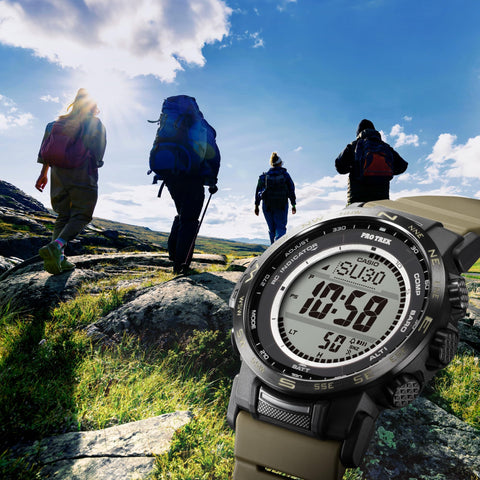 Casio Pro Trek Climber Line Wristwatch, Radio Solar, Biomass Plastic, Silver / Titanium Band, Bracelet Type