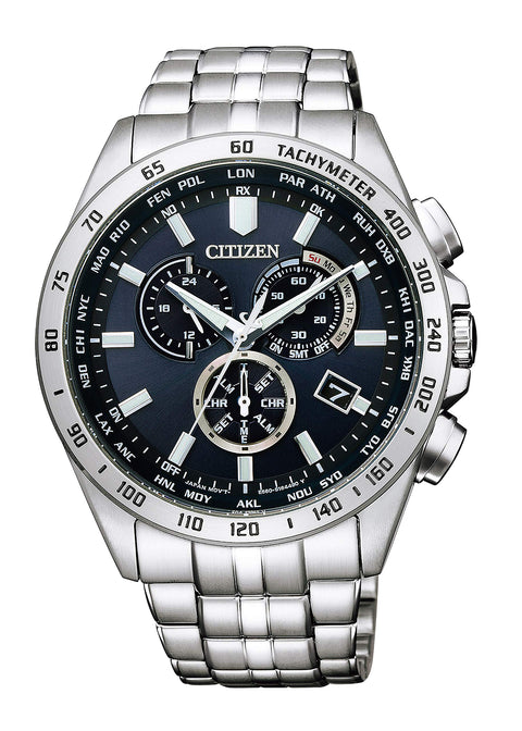CITIZEN CB5870-91L Citizen Collection, Eco-Drive Radio Watch (Silver, Business, Waterproof, Men's), Citizen Gift, Radio Solar,, Dial Color - Blue, Watch Solar Powered World Time Perpetual Calendar